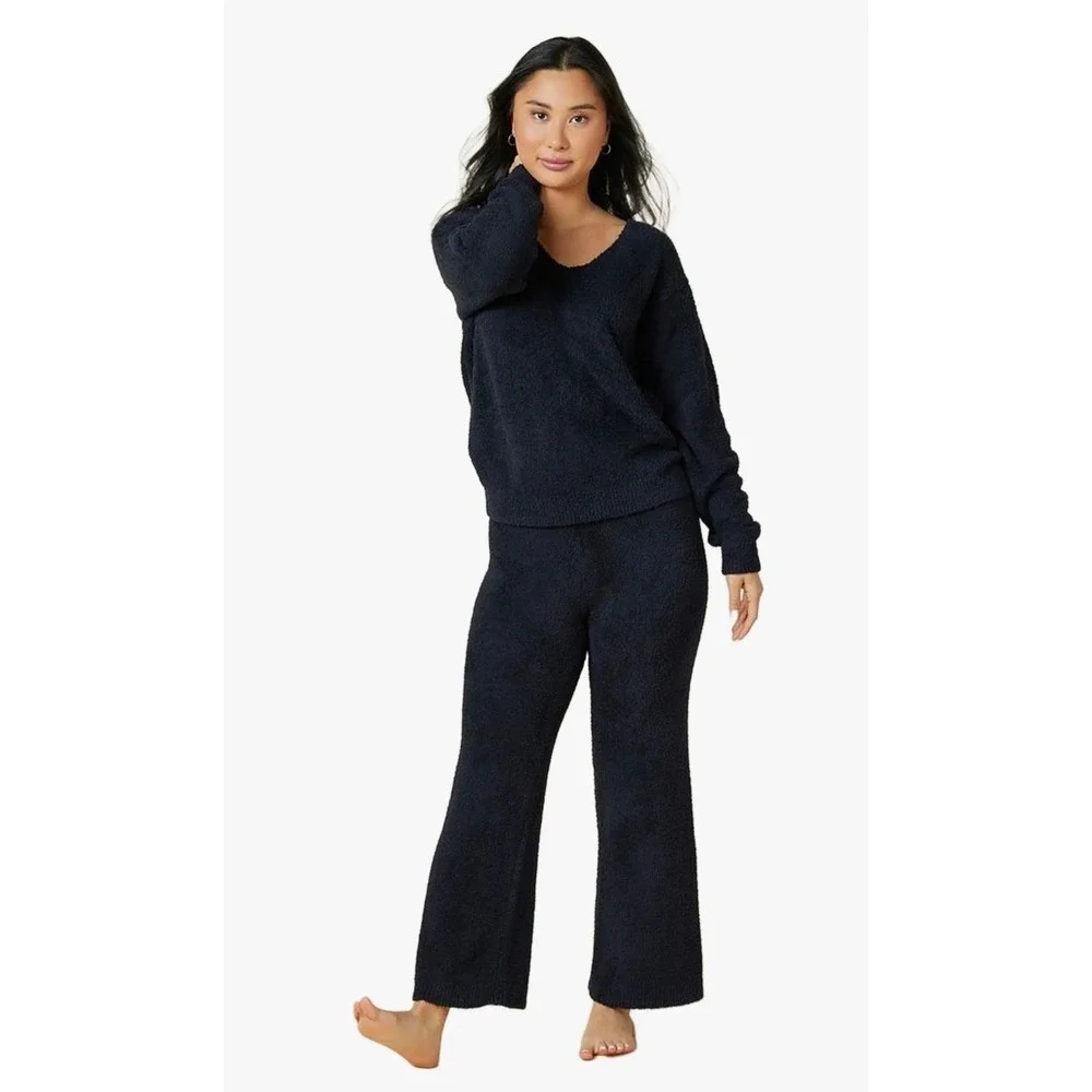 Softies Marshmallow V-Neck Lounge Set Womens Size L Black Cozycore Loungewear